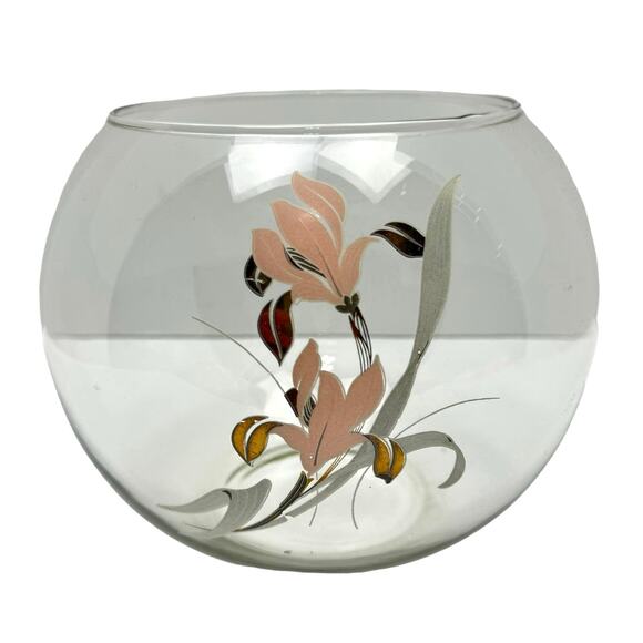 Vintage Clear Glass Fishbowl Decorative Vase with Asian Lotus Flower Design - Picture 1 of 7